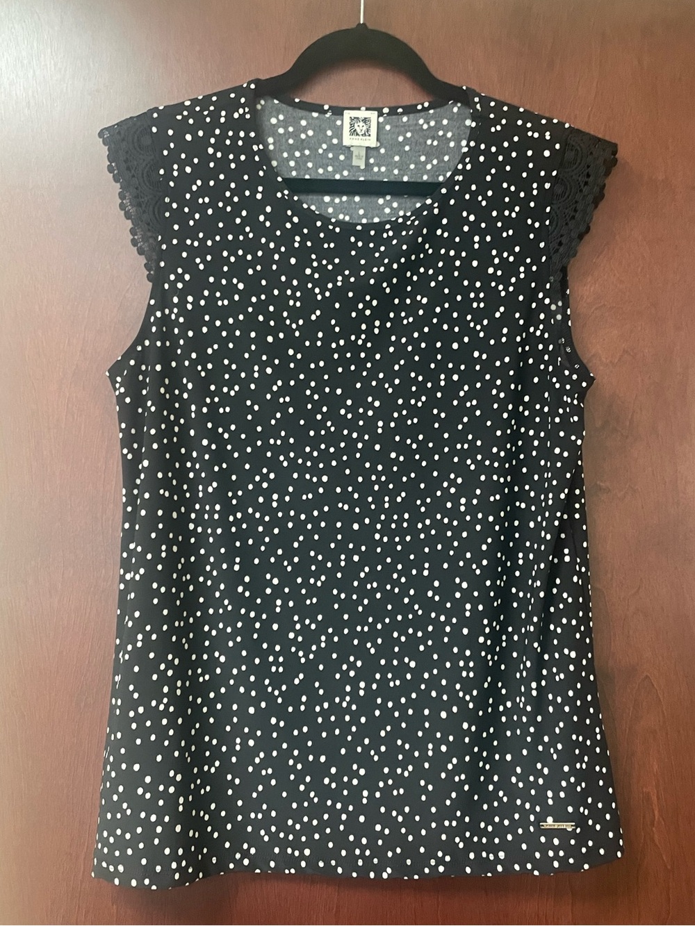 Anne Klein Black Polka Dot Cap Sleeve Top with Lace Trim Size Large